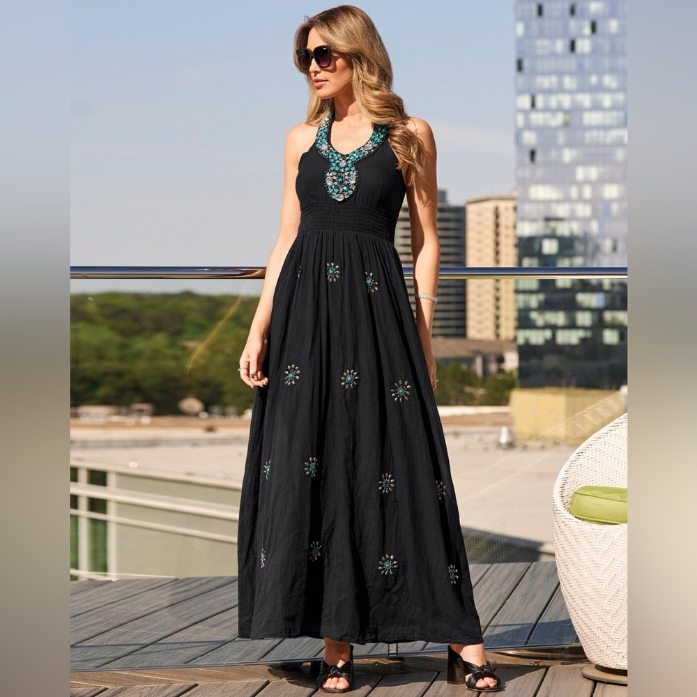 Boston Proper Turquoise Embellished Halter Maxi Dress Black M